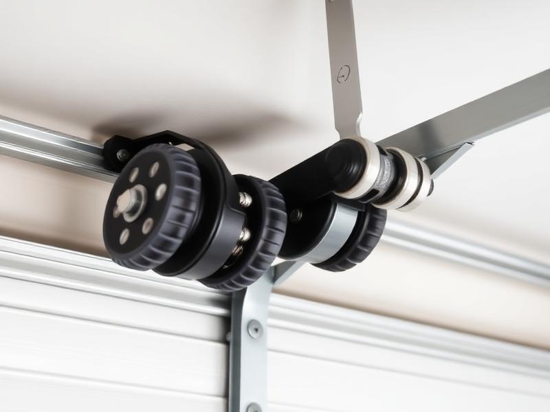 Close-up of garage door roller and track mechanism showing nylon rollers and steel hardware
