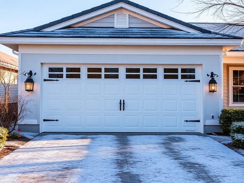 White craftsman style garage door on Florida home during winter morning with frost on ground